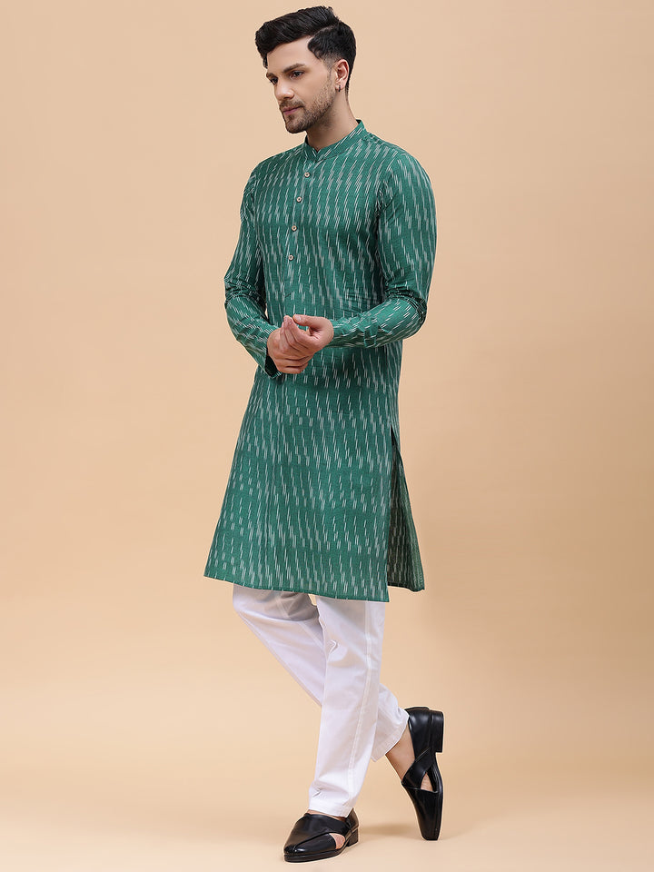 Men Green & White Pure Cotton Printed Straight Kurta