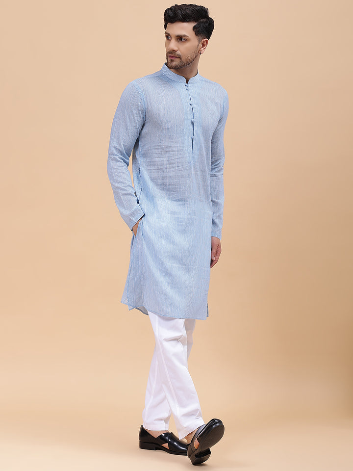 Men Sky Blue & White Printed Pure Cotton Straight Kurta