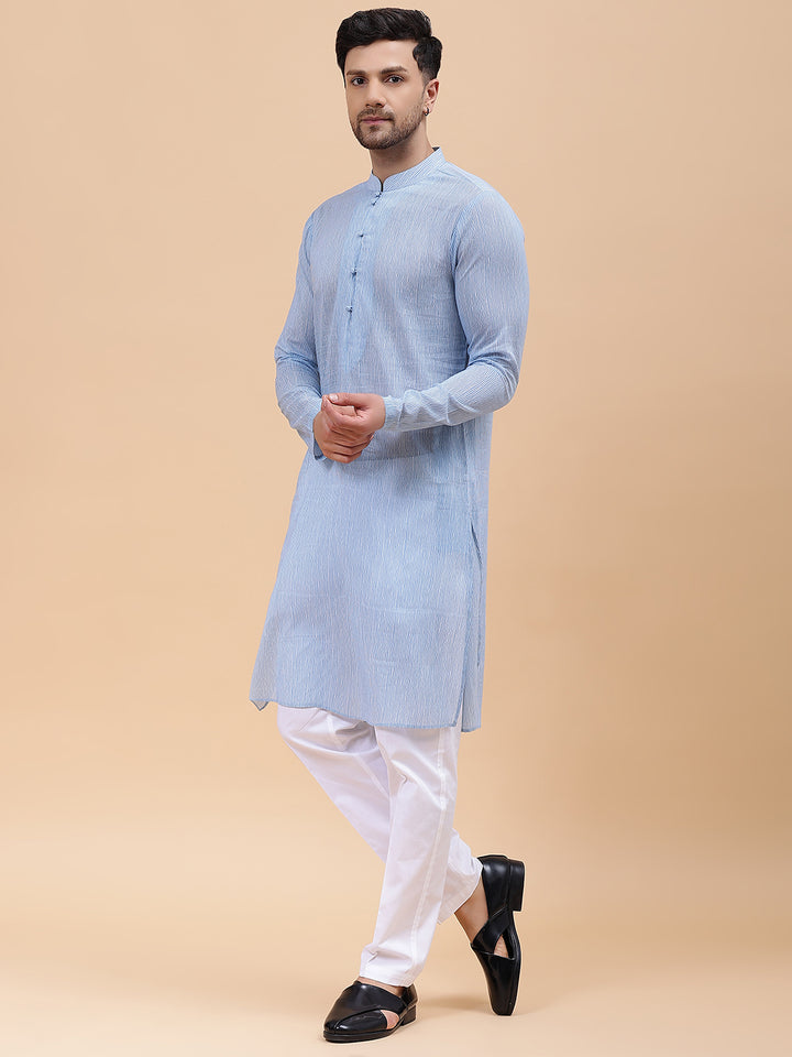 Men Sky Blue & White Printed Pure Cotton Straight Kurta