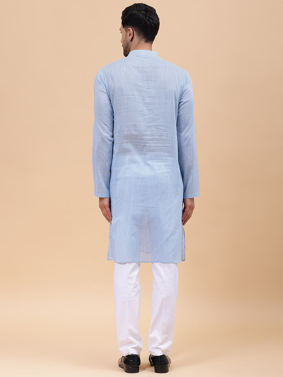 Men Sky Blue & White Printed Pure Cotton Straight Kurta