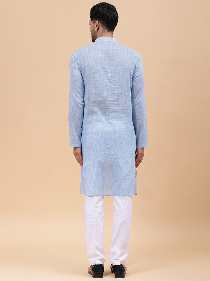 Men Sky Blue & White Printed Pure Cotton Straight Kurta