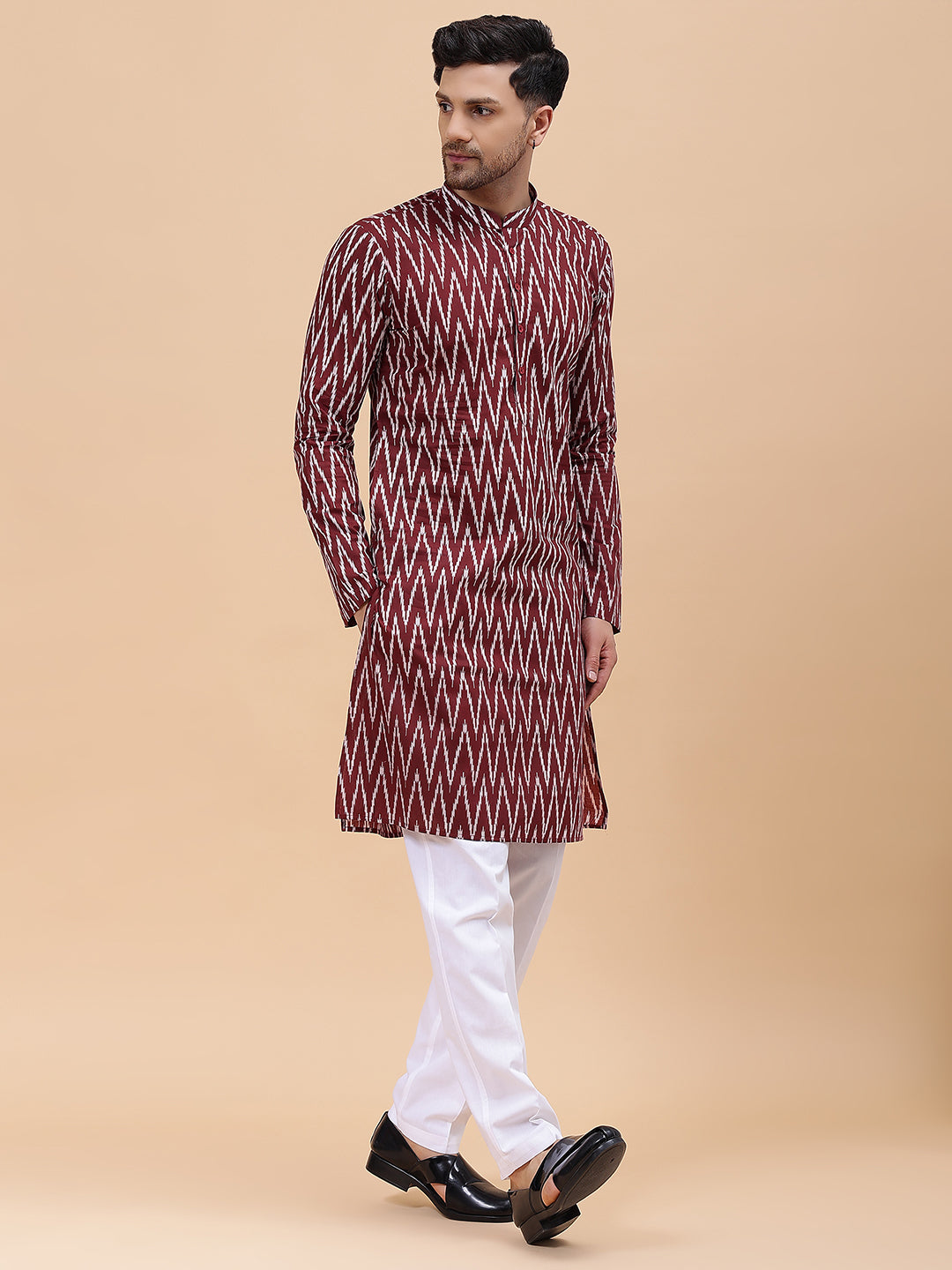 Men Maroon & White Pure Cotton Printed Staright Kurta