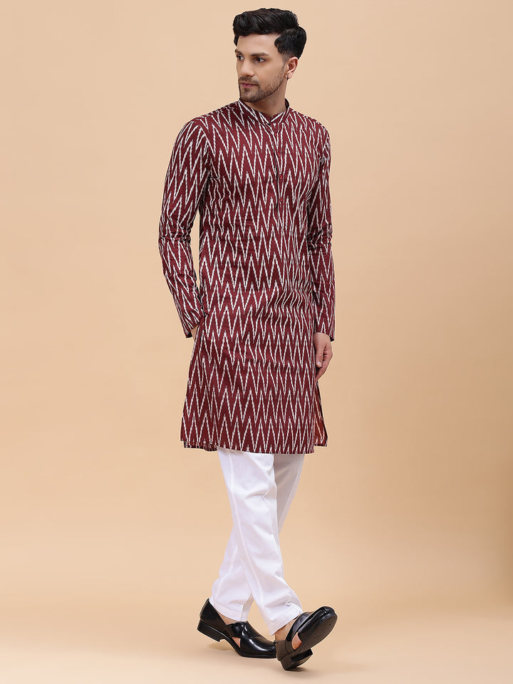 Men Maroon & White Pure Cotton Printed Staright Kurta