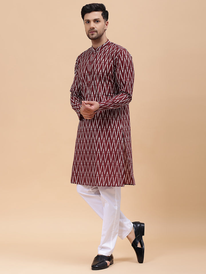 Men Maroon & White Pure Cotton Printed Staright Kurta