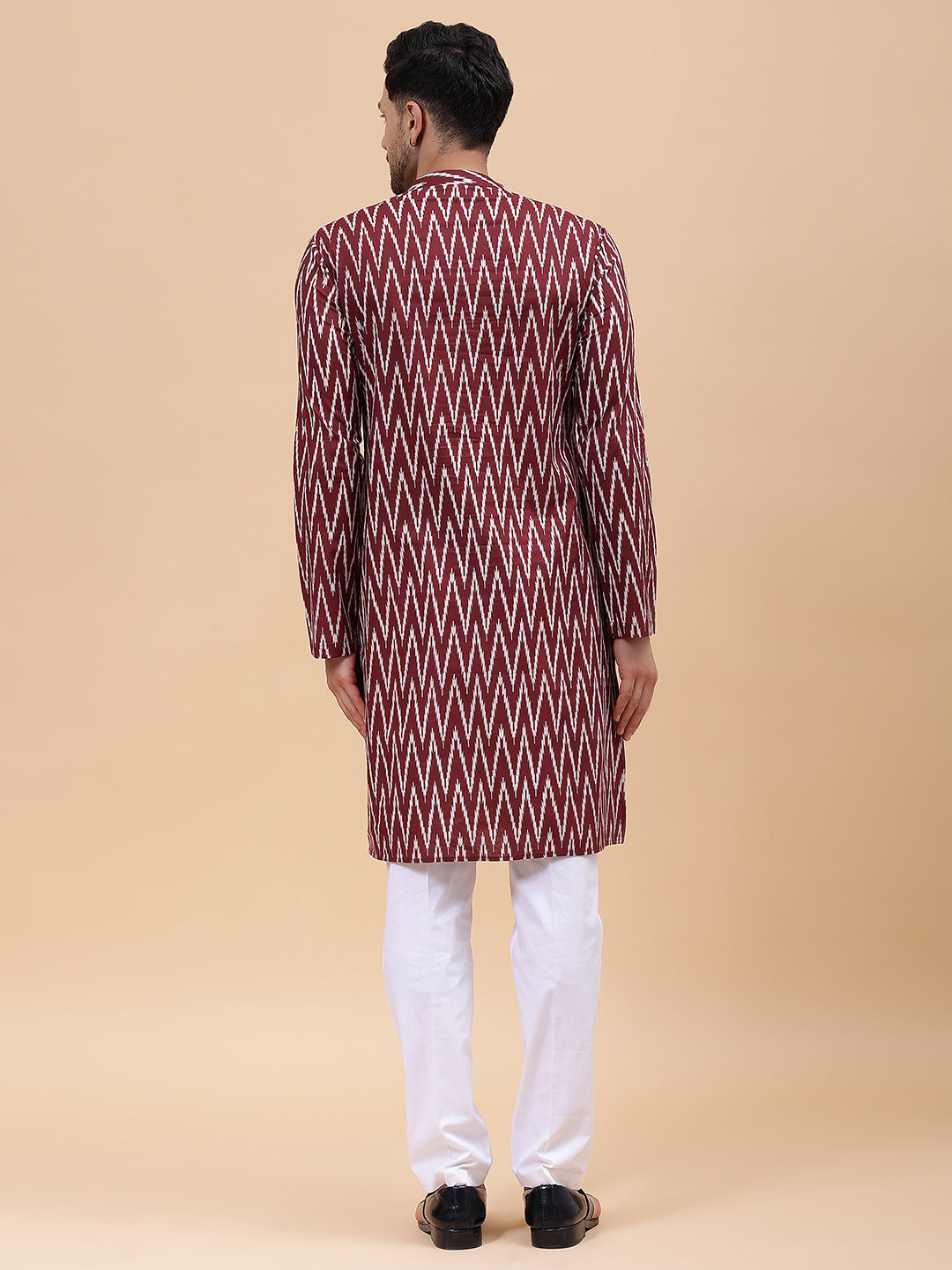 Men Maroon & White Pure Cotton Printed Staright Kurta