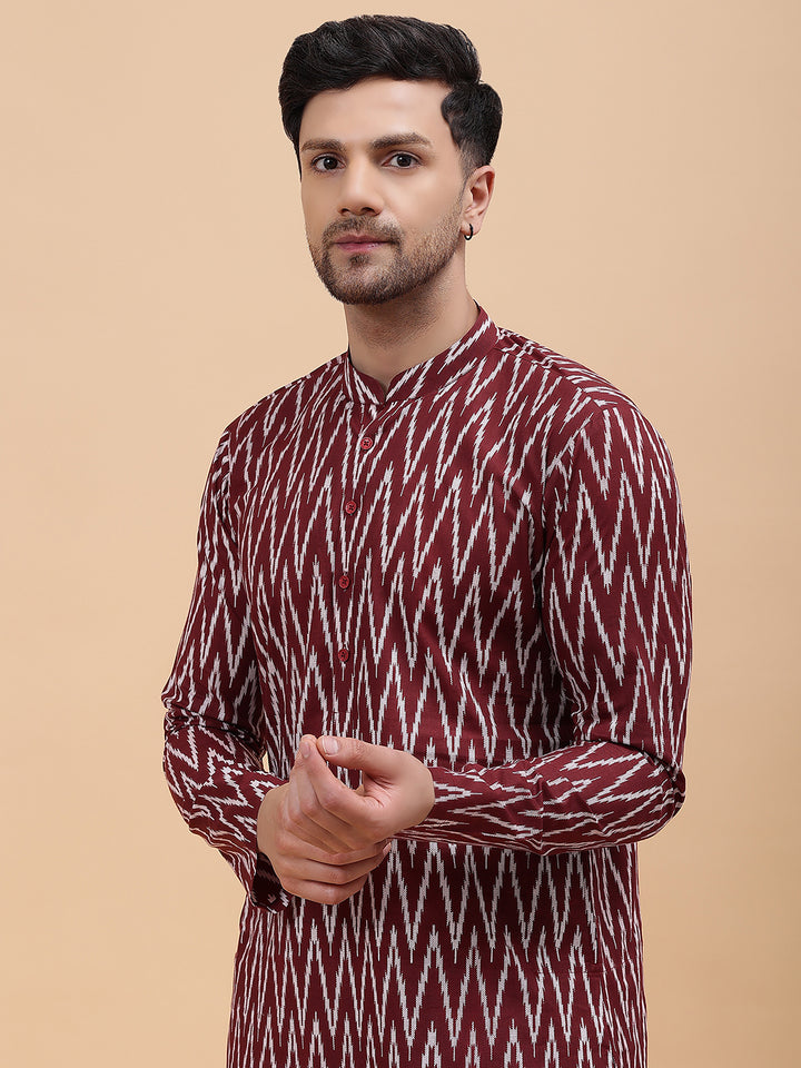 Men Maroon & White Pure Cotton Printed Staright Kurta