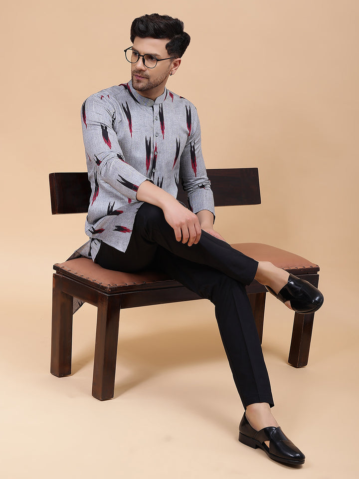 Men Grey & Black Pure Cotton Printed Straight Kurta