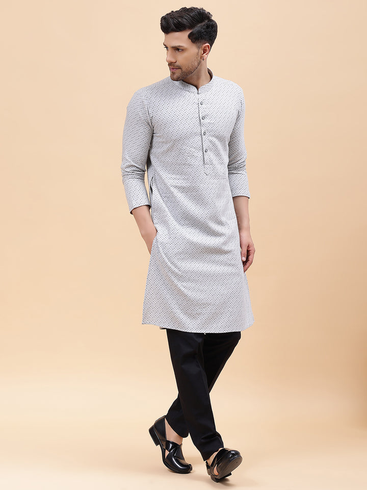 Men Silver & Black Pure Cotton Printed Staright Kurta
