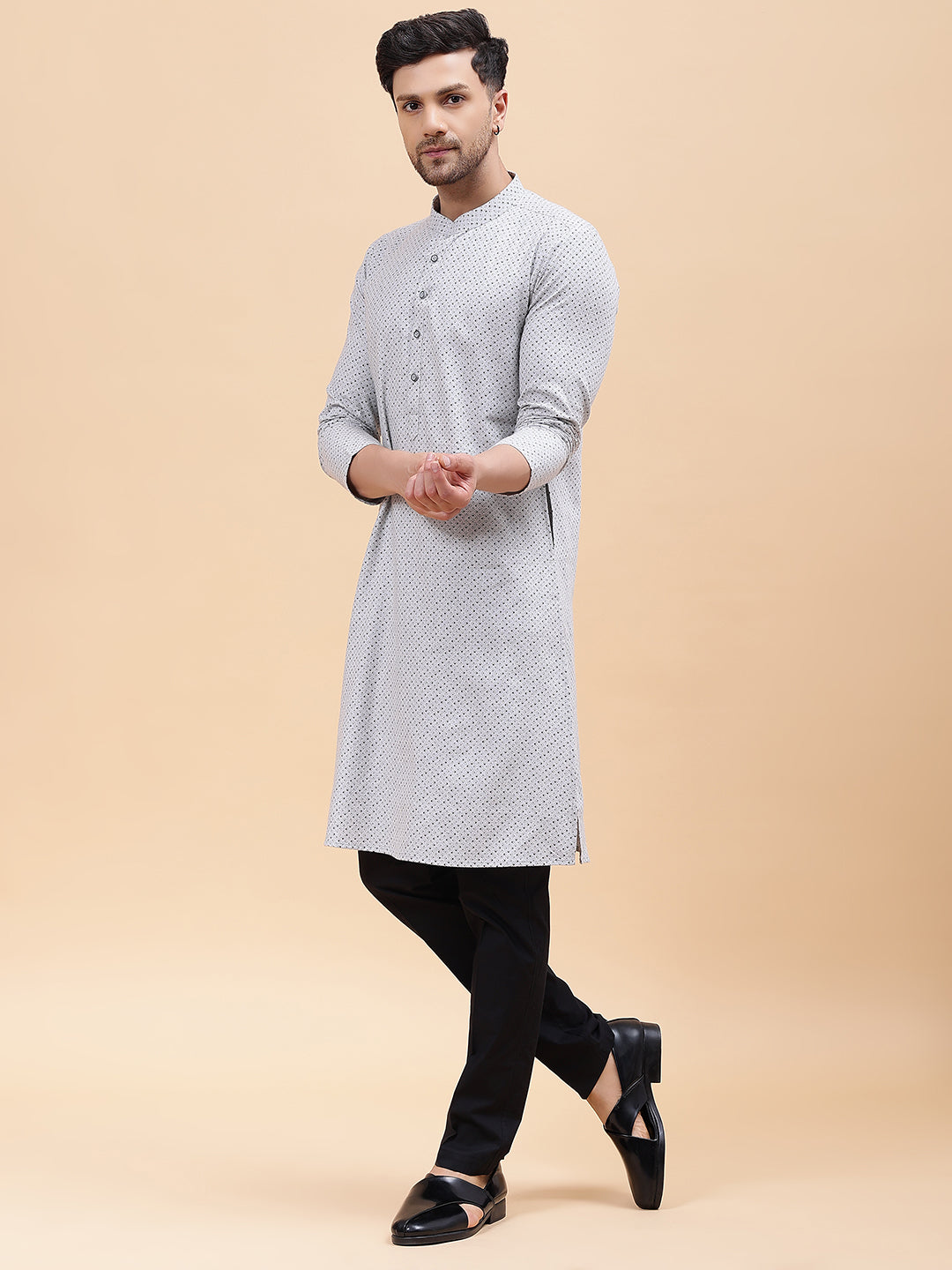 Men Silver & Black Pure Cotton Printed Staright Kurta