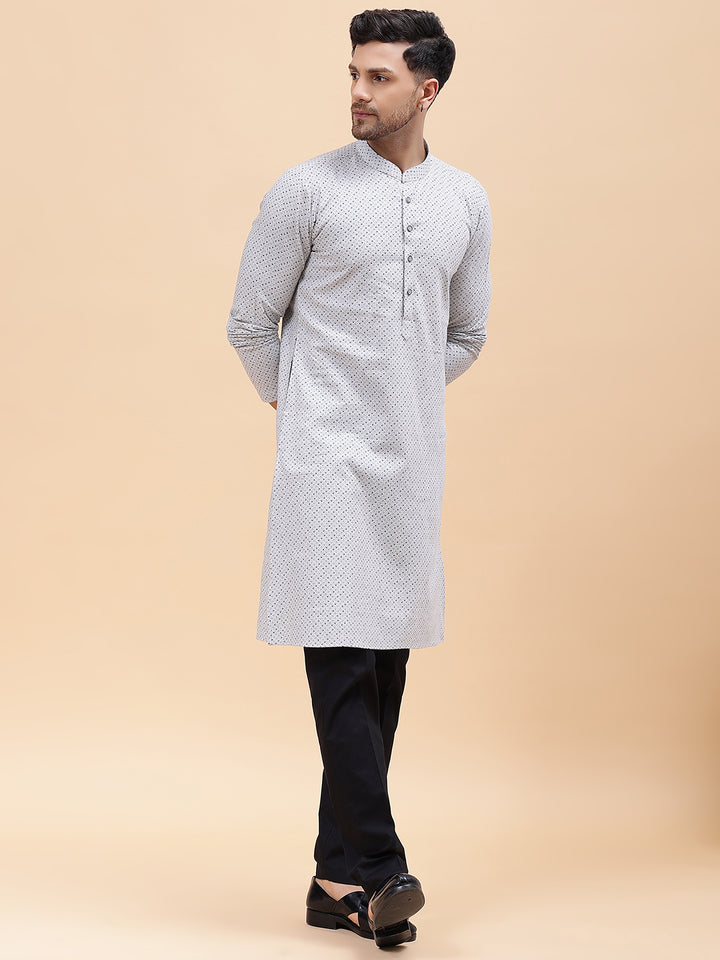Men Silver & Black Pure Cotton Printed Staright Kurta