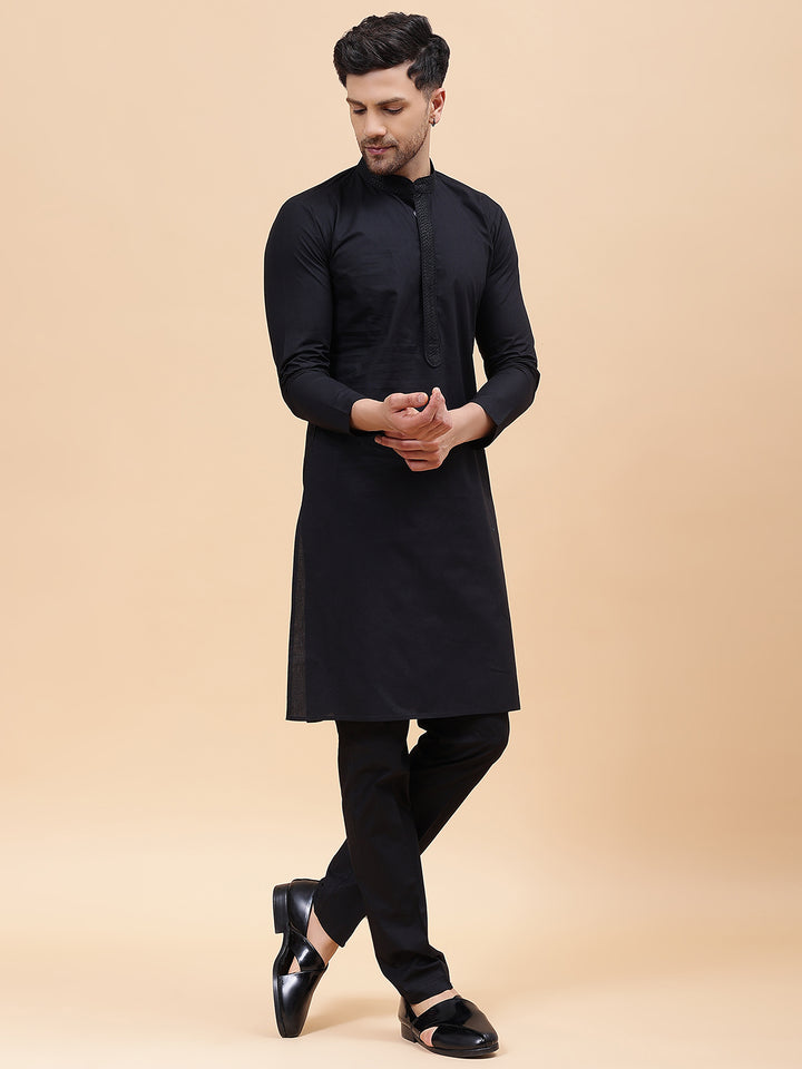 Men Black Pure Cotton Embroidered Straight Kurta