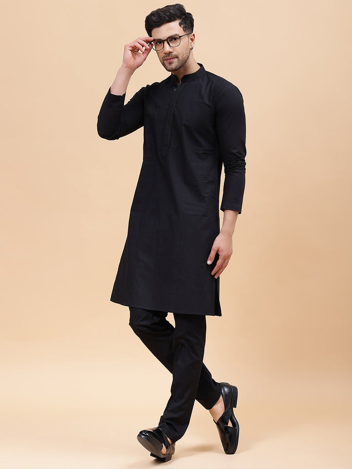 Men Black Pure Cotton Embroidered Straight Kurta