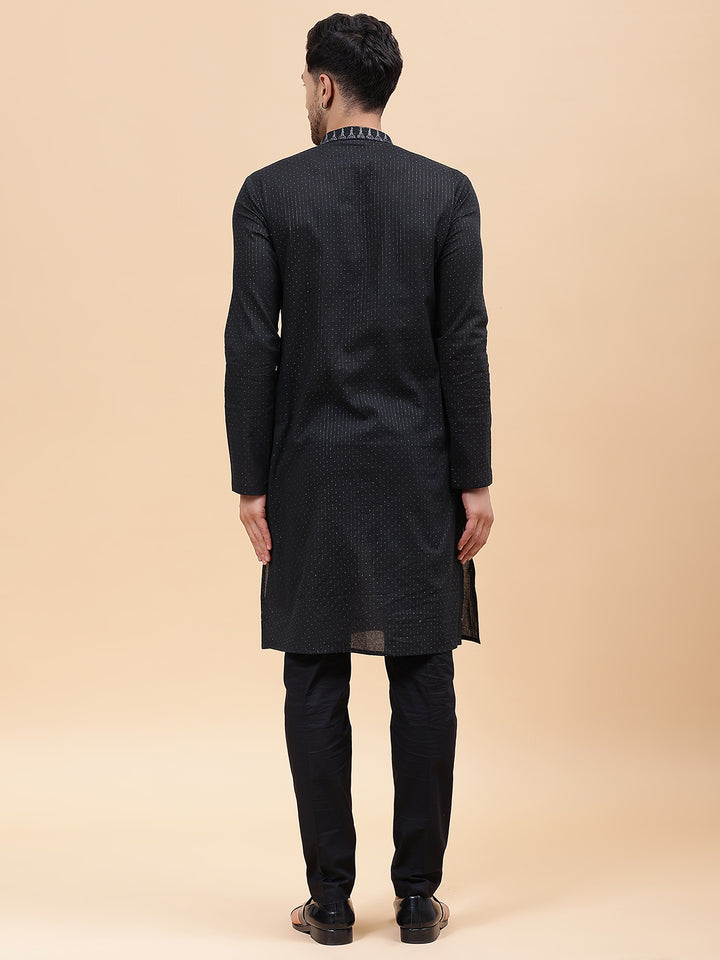 Men Black & Silver Silk Woven Design Straight Kurta