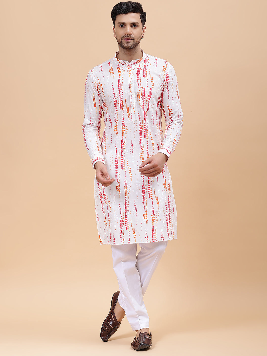 Men White & Pink Pure Cotton Printed Staright Kurta
