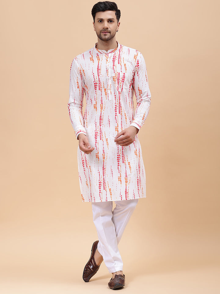 Men White & Pink Pure Cotton Printed Staright Kurta