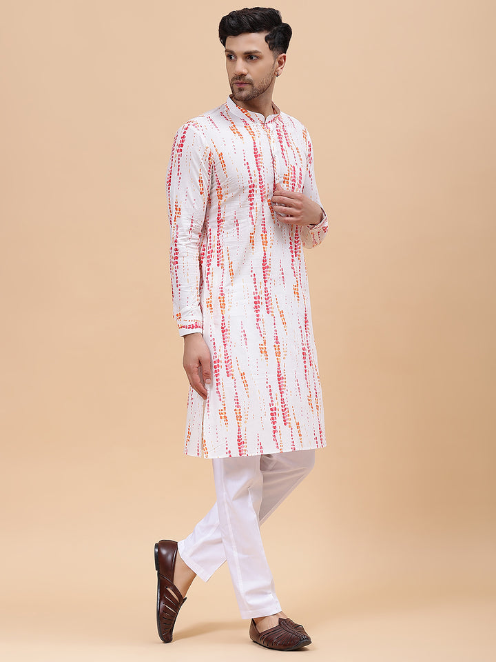 Men White & Pink Pure Cotton Printed Staright Kurta