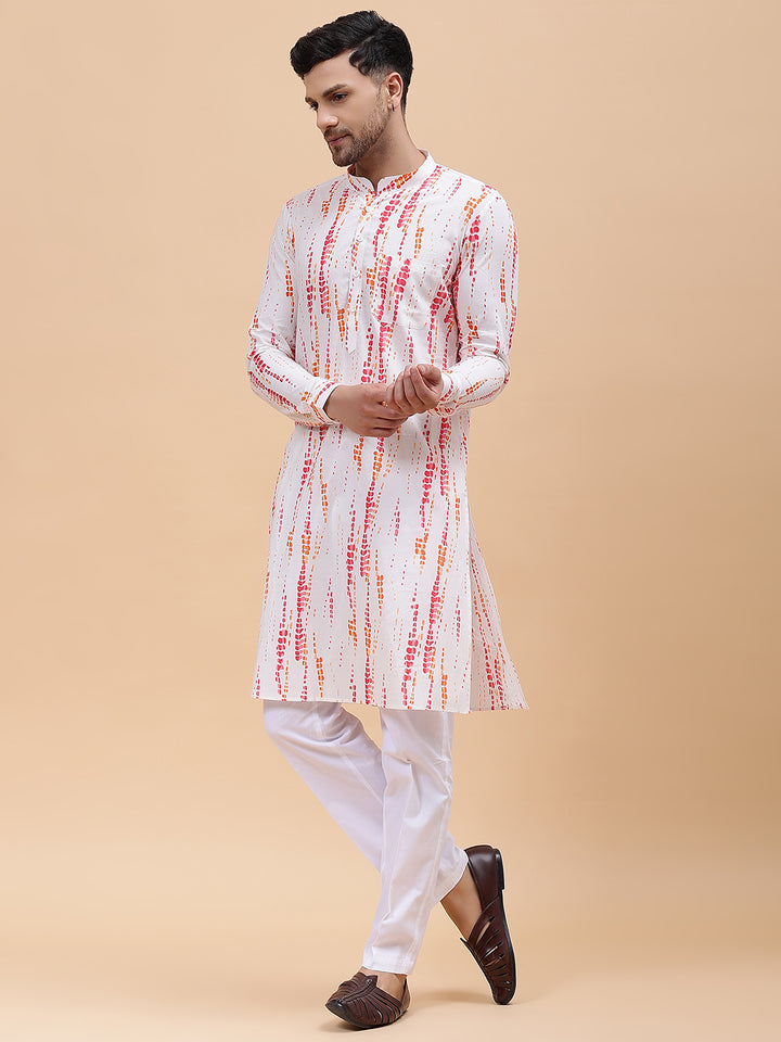 Men White & Pink Pure Cotton Printed Staright Kurta