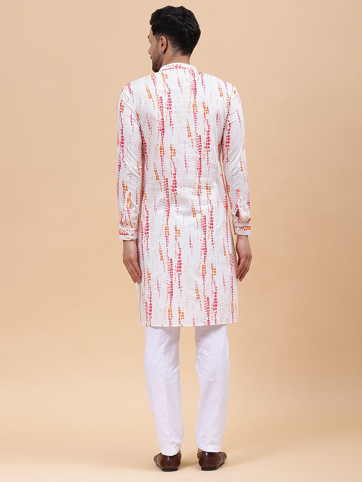 Men White & Pink Pure Cotton Printed Staright Kurta