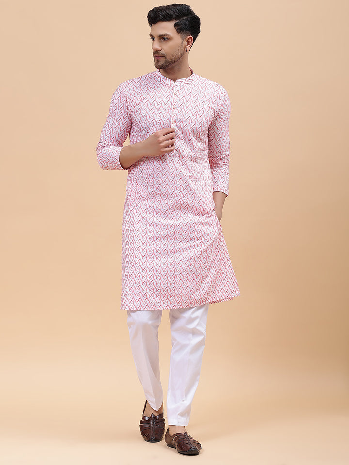 Men White & Pink Pure Cotton Embroidered Straight Kurta