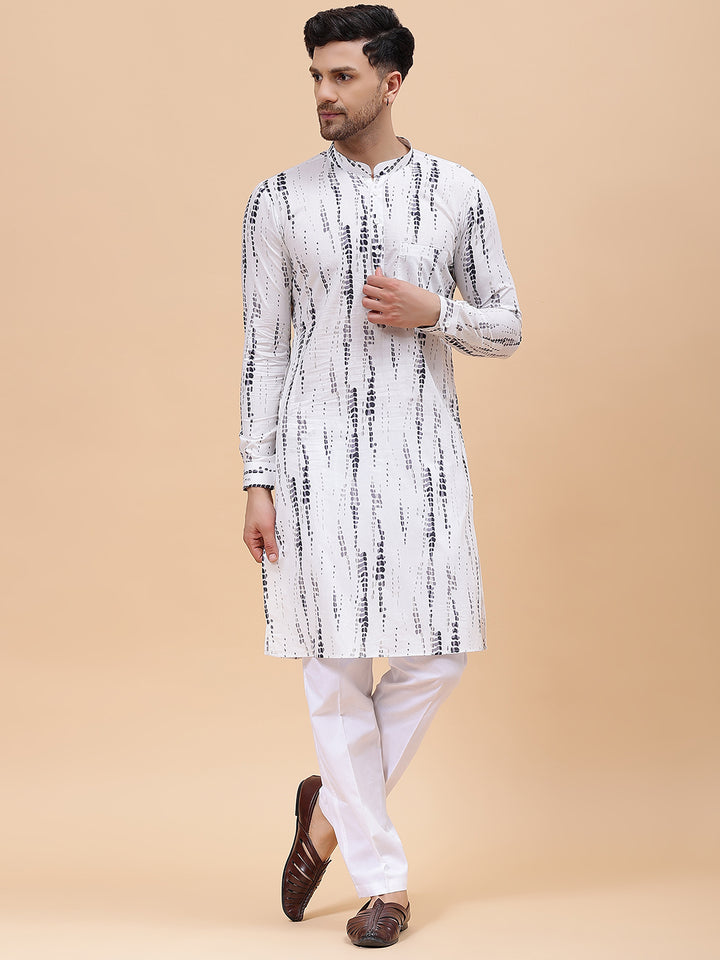 Men White & Grey Pure Cotton Printed Staright Kurta