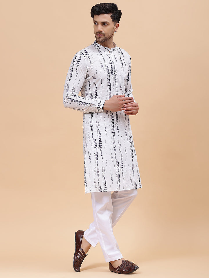 Men White & Grey Pure Cotton Printed Staright Kurta
