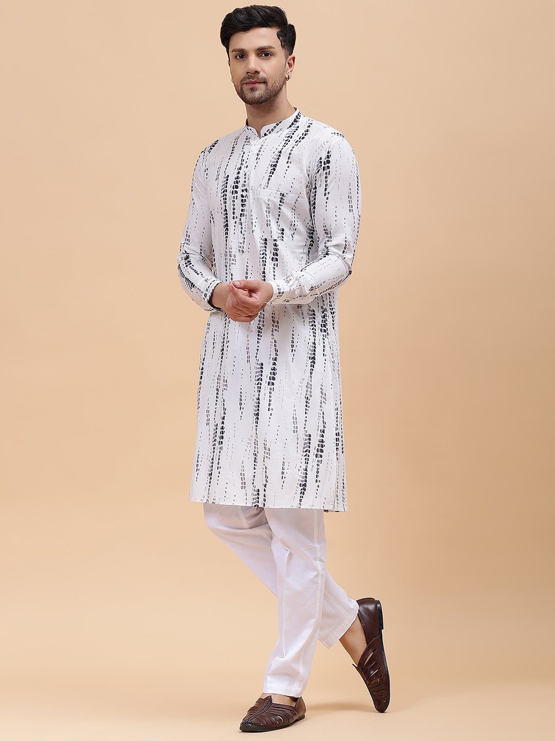 Men White & Grey Pure Cotton Printed Staright Kurta