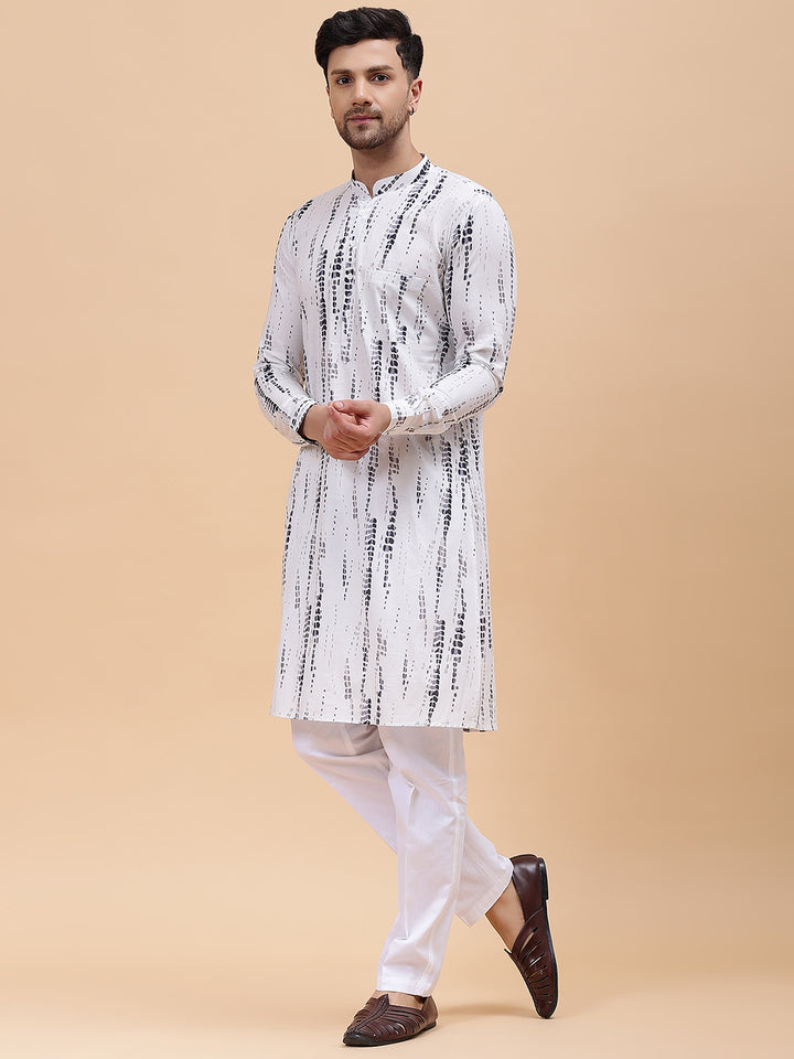 Men White & Grey Pure Cotton Printed Staright Kurta