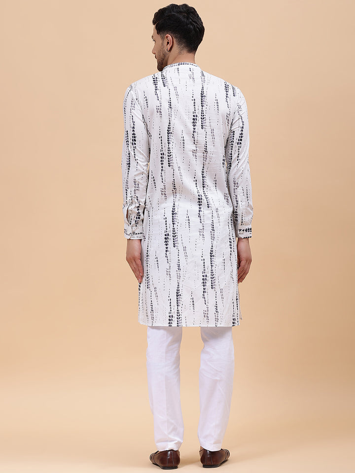 Men White & Grey Pure Cotton Printed Staright Kurta