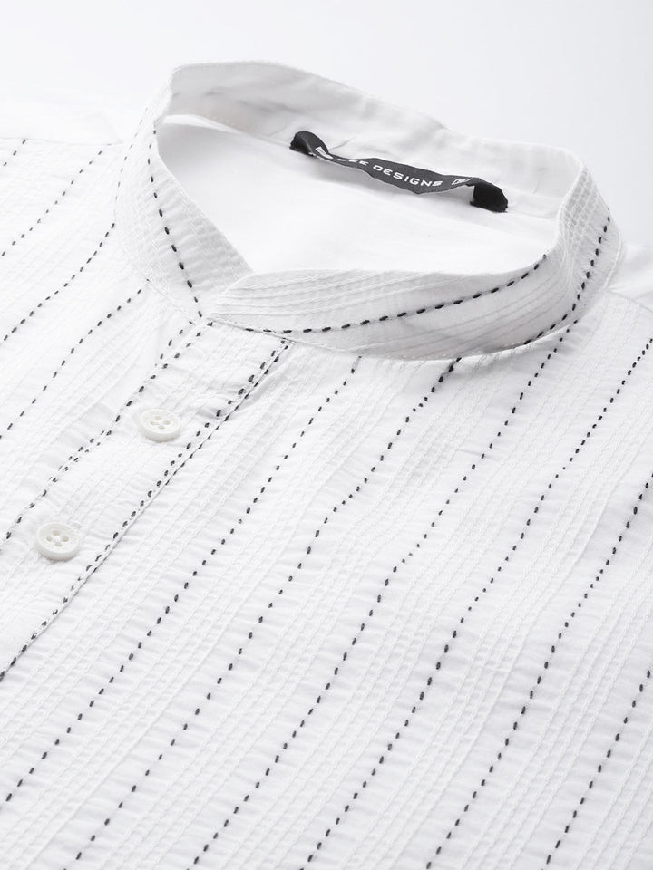 Men's White Cotton Pintex Design Threadwork Kurta