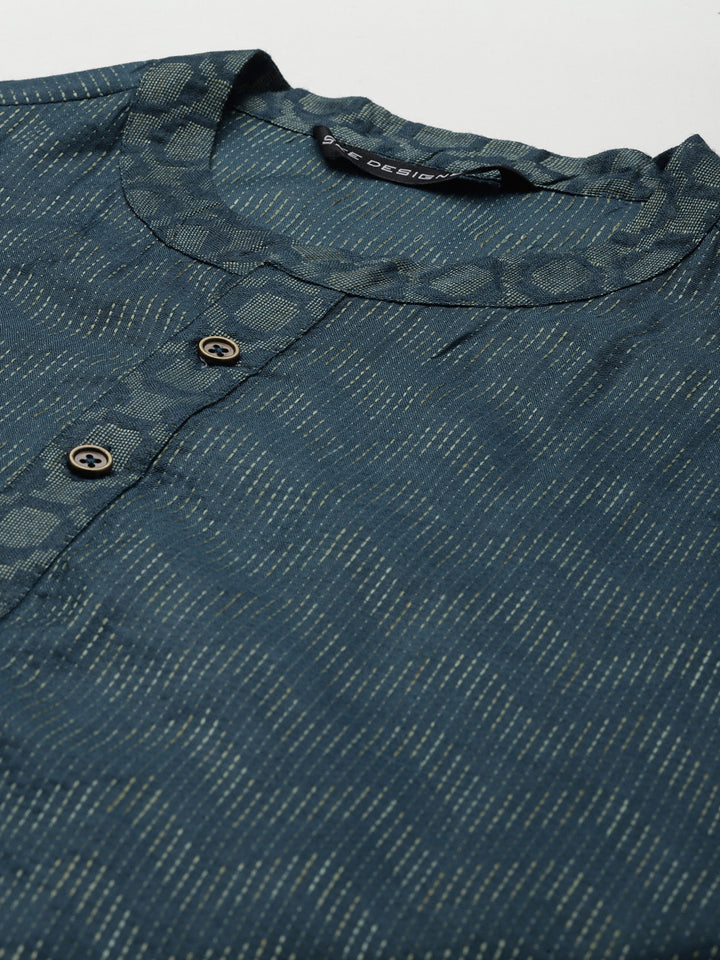 Men Teal & Beige Woven Design Thread Work Kurta With Pyjama
