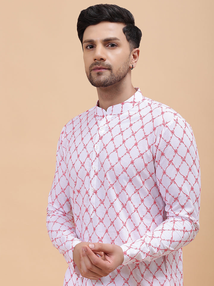 Men White & Orange Pure Cotton Embroidered Straight Kurta