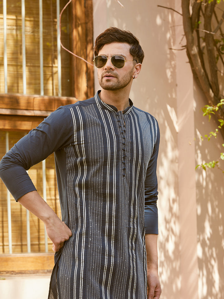 Gota Strips and Sequins Embroidered Pure Cotton Straight Kurta with Pyjama