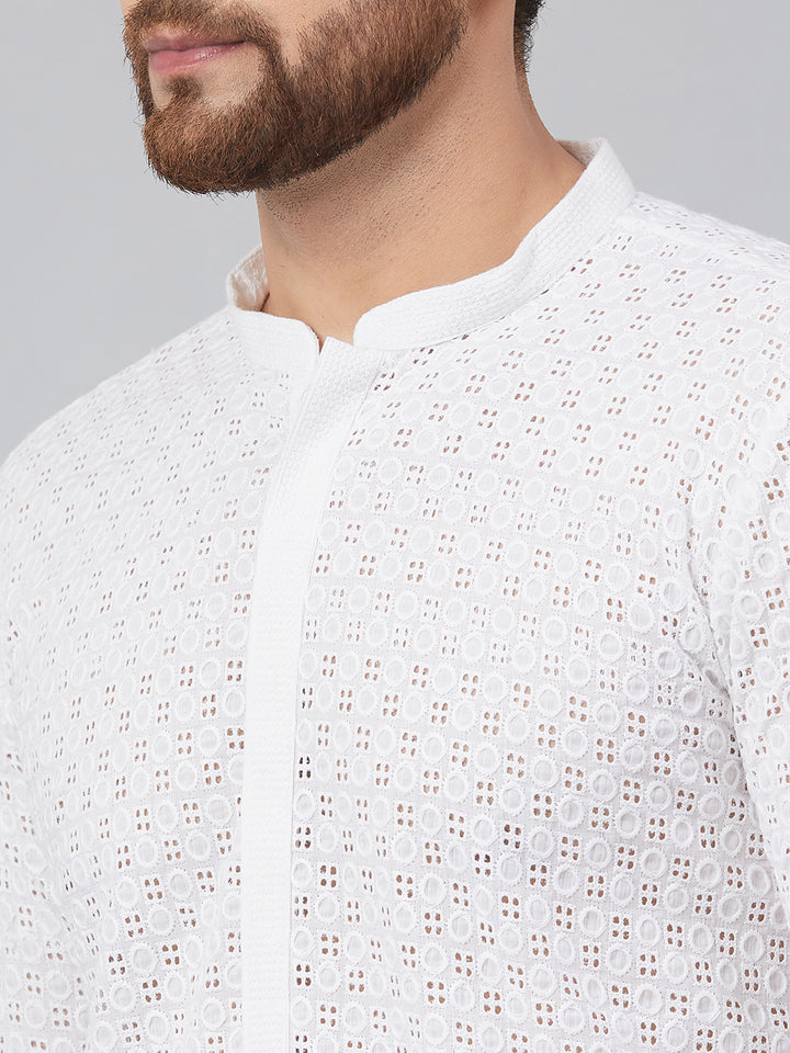 White Green Chikankari Embroidered Woven Design Straight Kurta With Pyjama