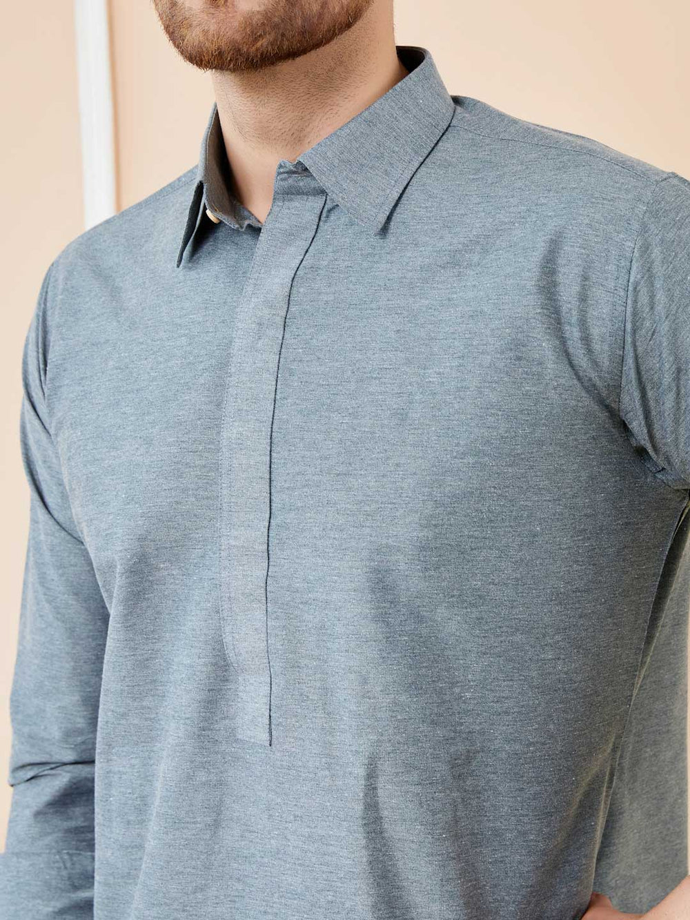 Grey Cotton Solid Pathani Kurta with Pyjama – Gray-1