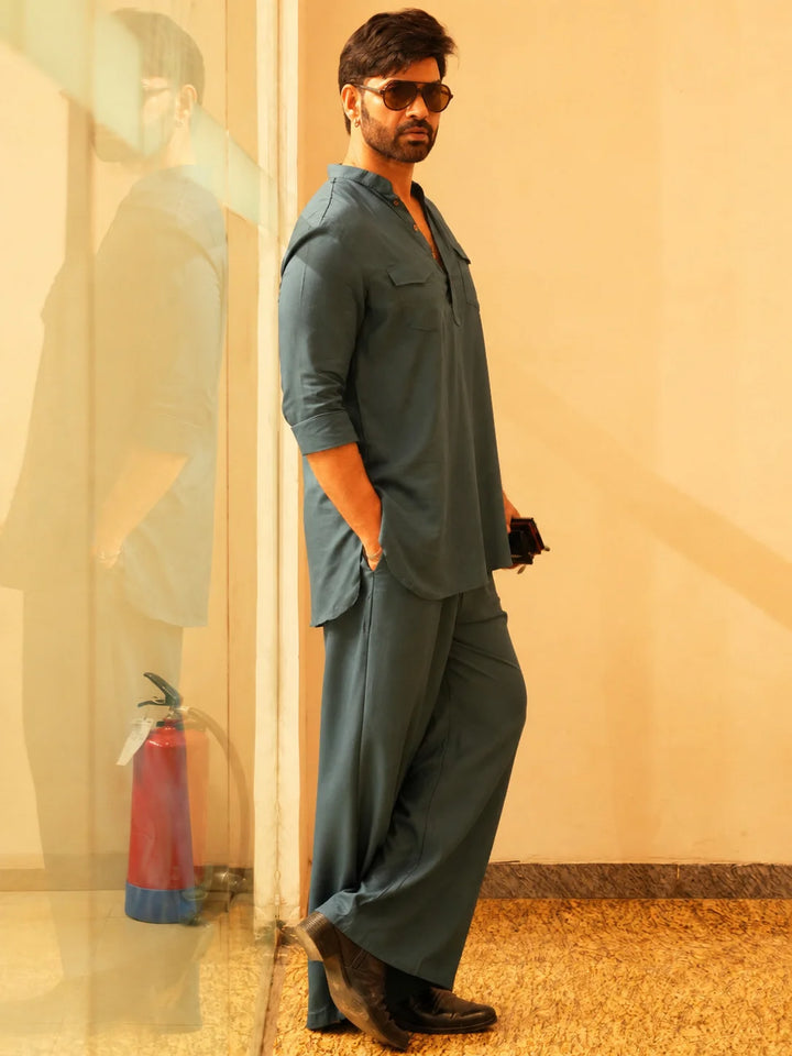 Men's Gray Rayon Solid Pathani Set