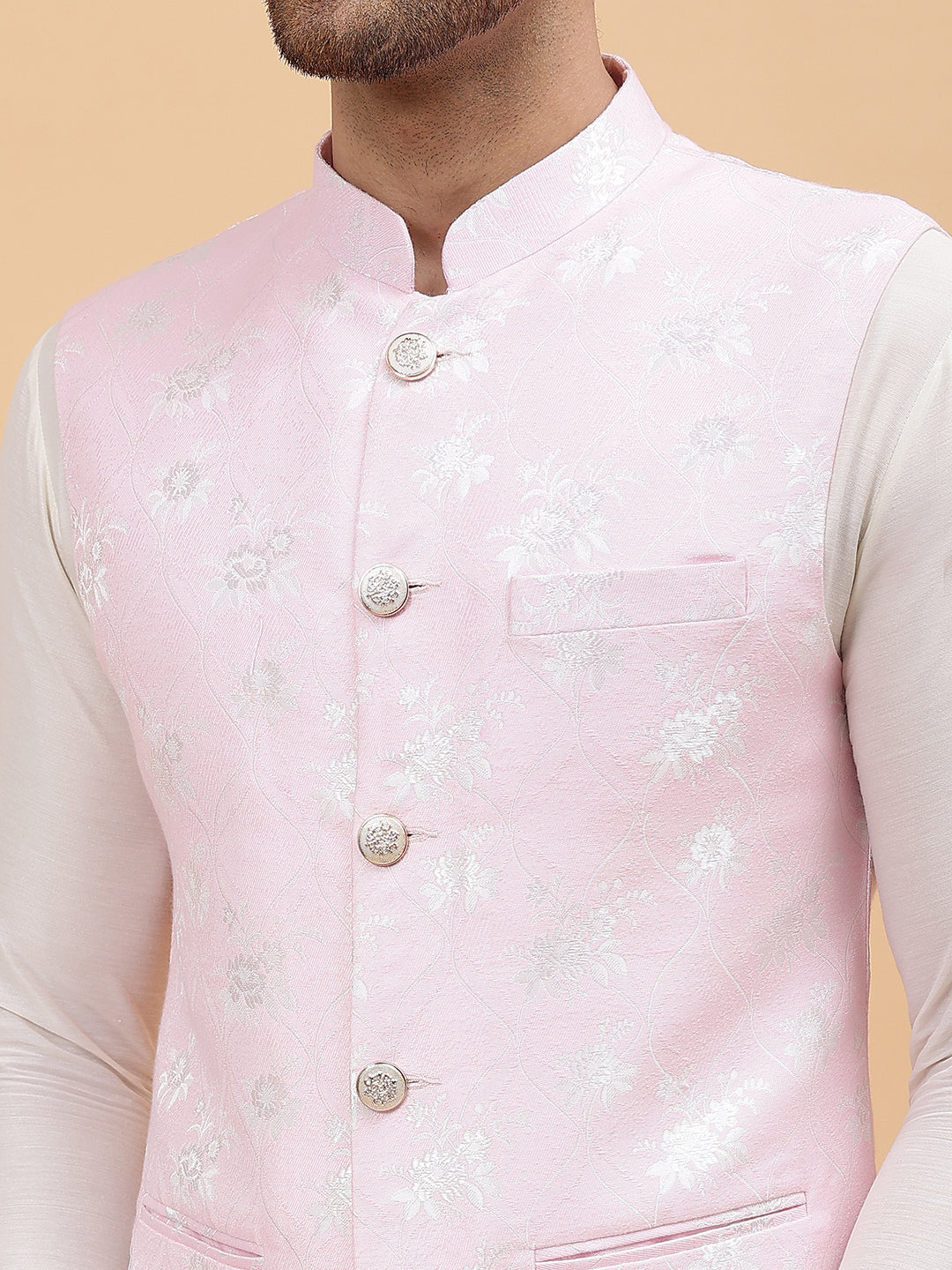 Pure Silk Kurta & Pyjama with Woven Jacquard Nehru Jacket