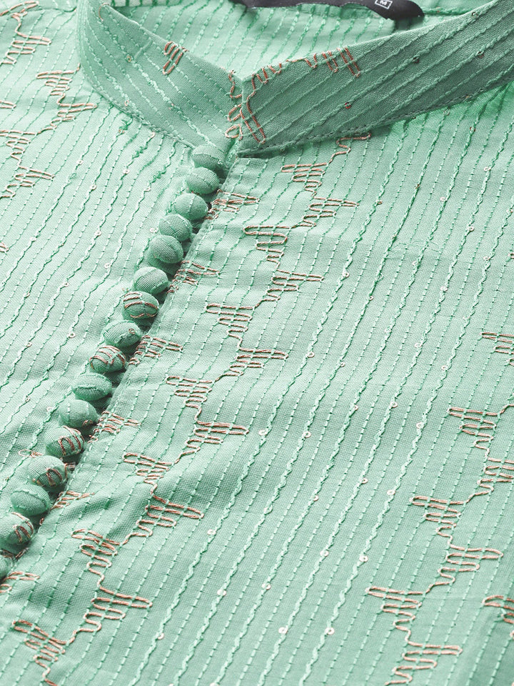 Men’s Ice Green Chanderi Silk Kurta with Embroidery and Sequins, Paired with Pyjama