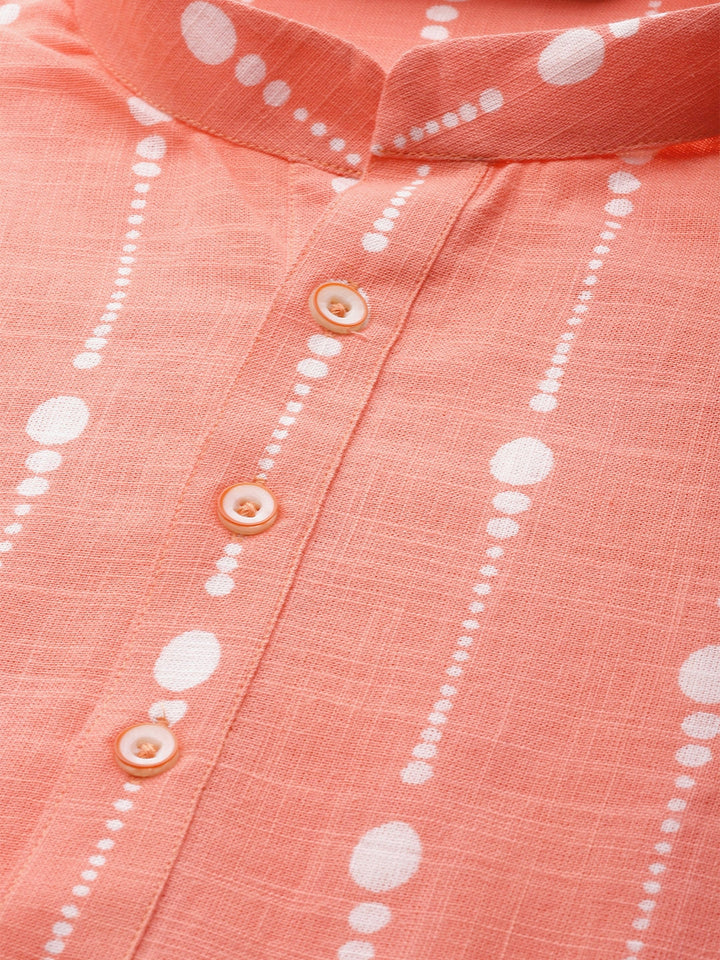Men Peach & White Printed Straight Kurta