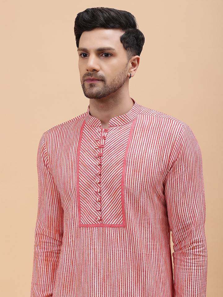 Men Pink Stripe Pure Cotton Printed Straight Kurta
