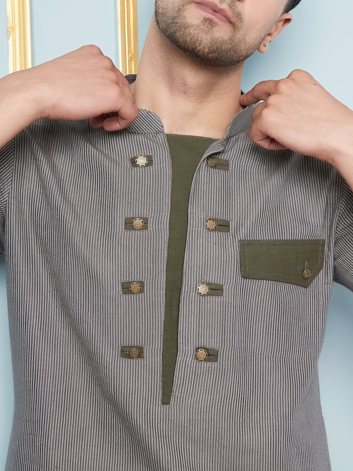 Grey Woven Straight Kurta With Pyjama