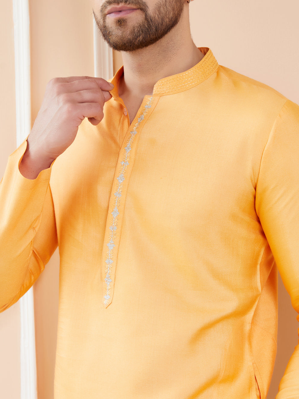 Peach Orange Chanderi Silk Straight Kurta with Embroidered Neckline & Pyjama – Orange