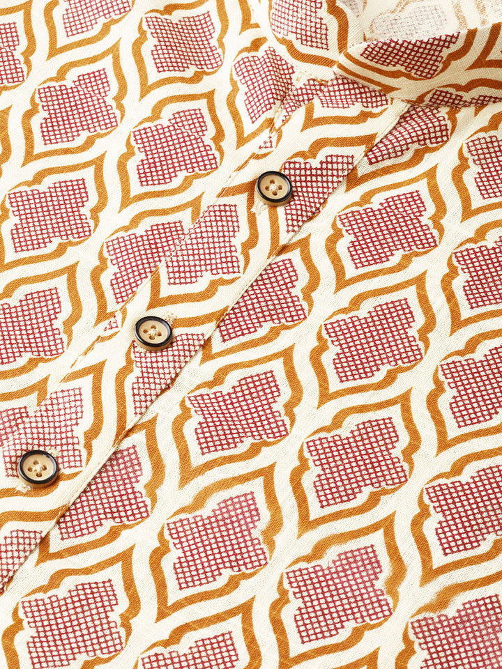 Cream And Brown Printed Straight Kurta With Pyjama