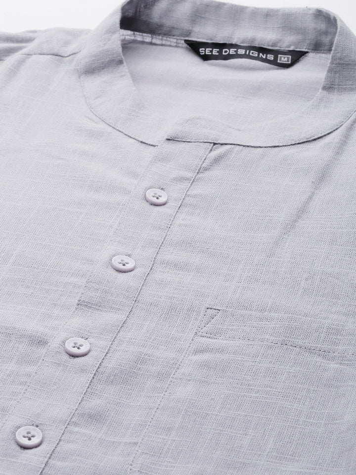 Men Grey Cotton Slub Straight Kurta with Pyjama