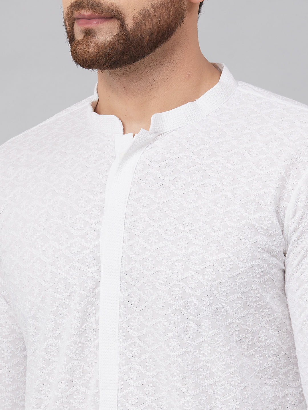 White Green Chikankari Embroidered Woven Design Straight Kurta With Pyjama