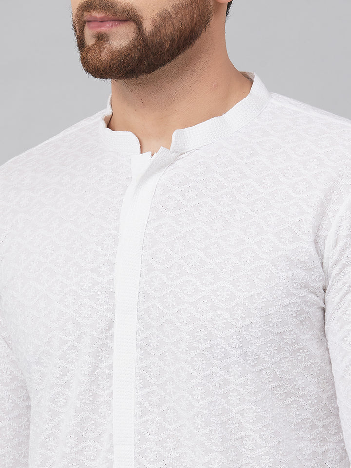 White Green Chikankari Embroidered Woven Design Straight Kurta With Pyjama