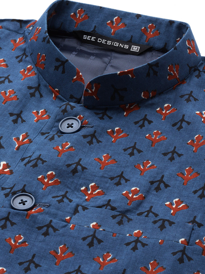 Pure Cotton Kurta with Pyjama & Printed Nehru Jacket