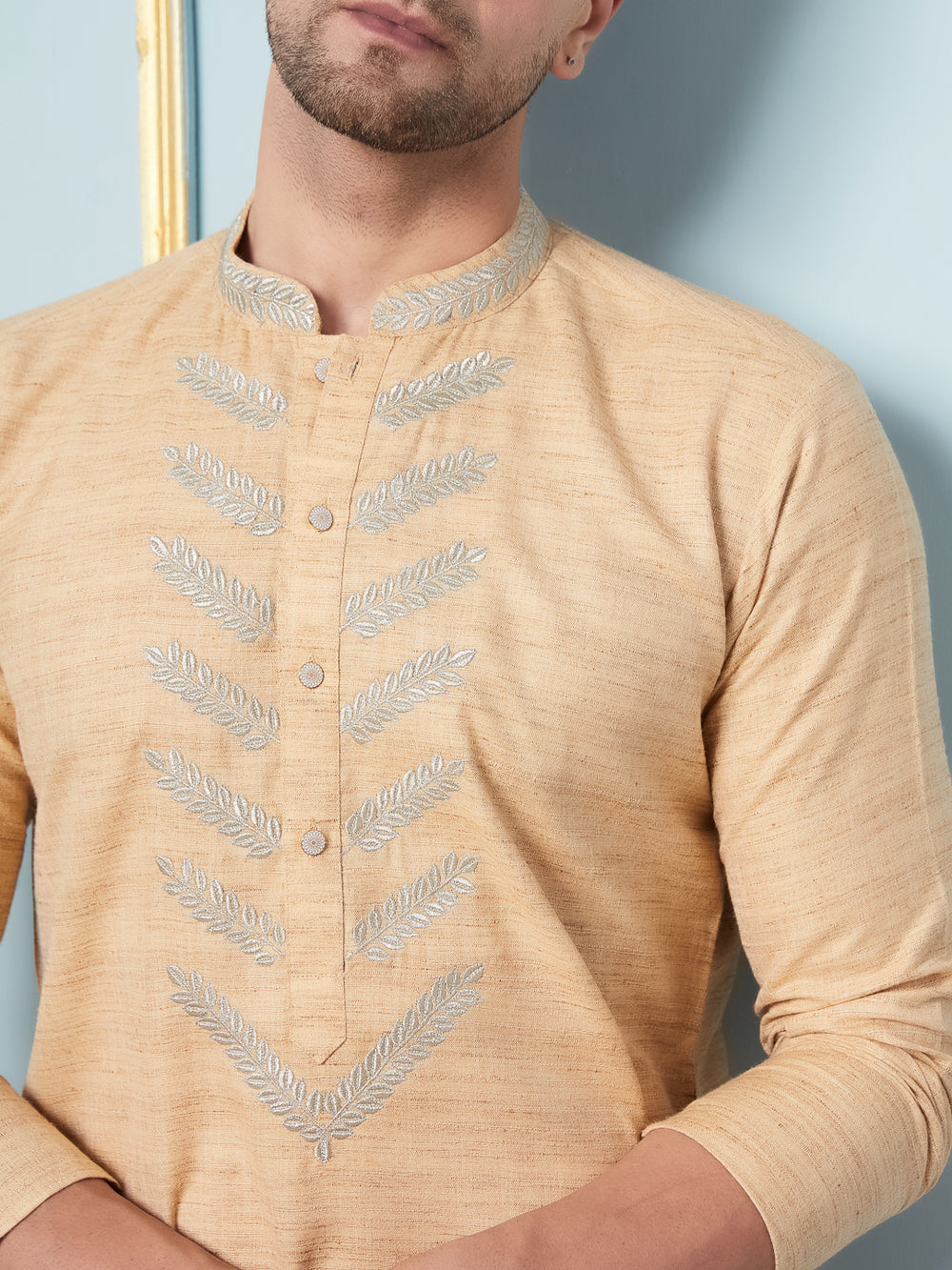 Pure Cotton Straight Kurta with Embroidered Neck Design and Pyjama – Cream