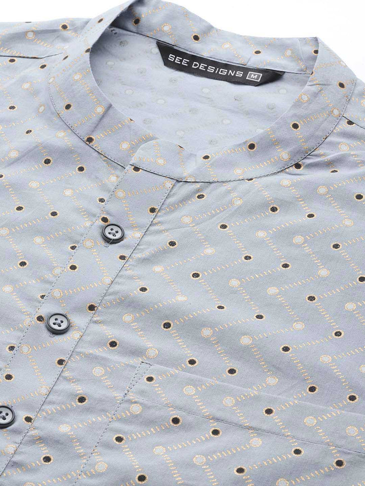 Men Grey & Gold Printed Straight Kurta