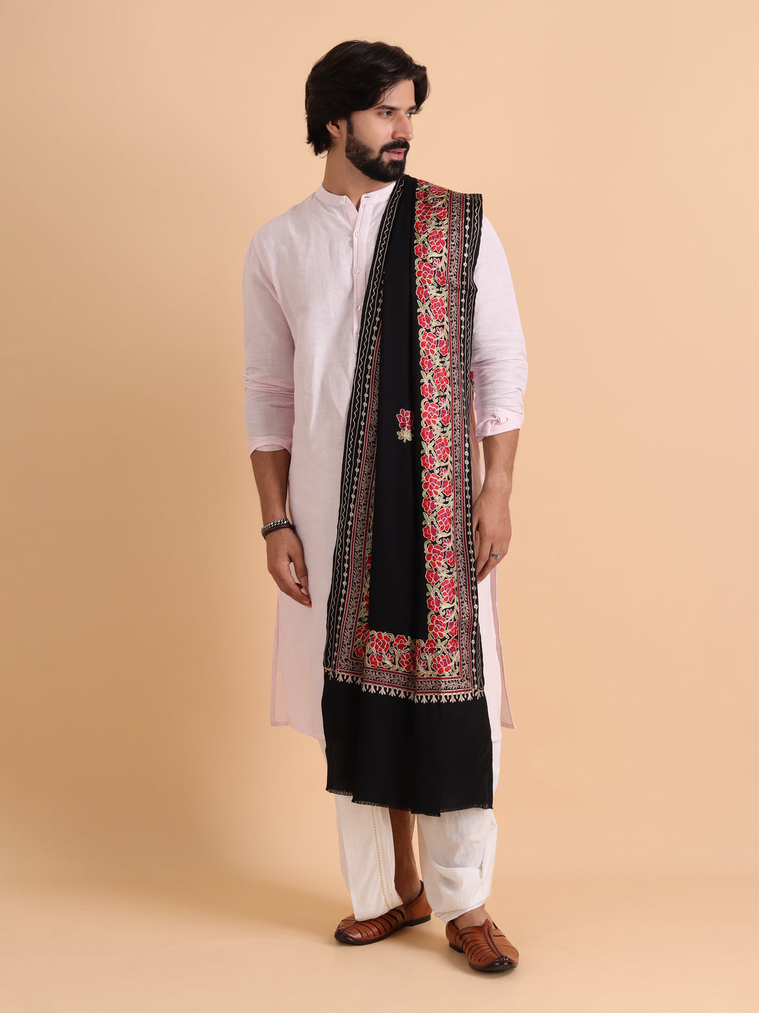 Tweedle Fine Wool Kashmiri Embroidery Stole / Scarf for Men, Black (Size-28x80)