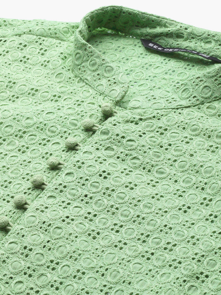 Men Green Pure Cotton Chikankari Embroidered Straight Kurta